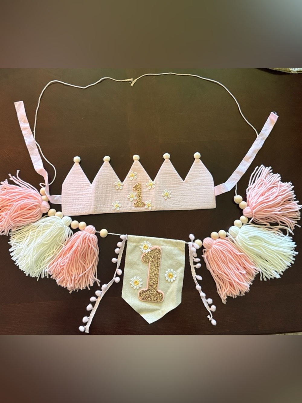 Boho Pastel 1st Birthday Crown & Tassel Banner Set - Pink Mint Gold Daisy